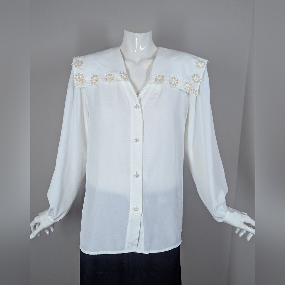 Vintage White Blouse with Sailor Collar | Sequin Floral Trim Shoulder Pads - Picture 2 of 8